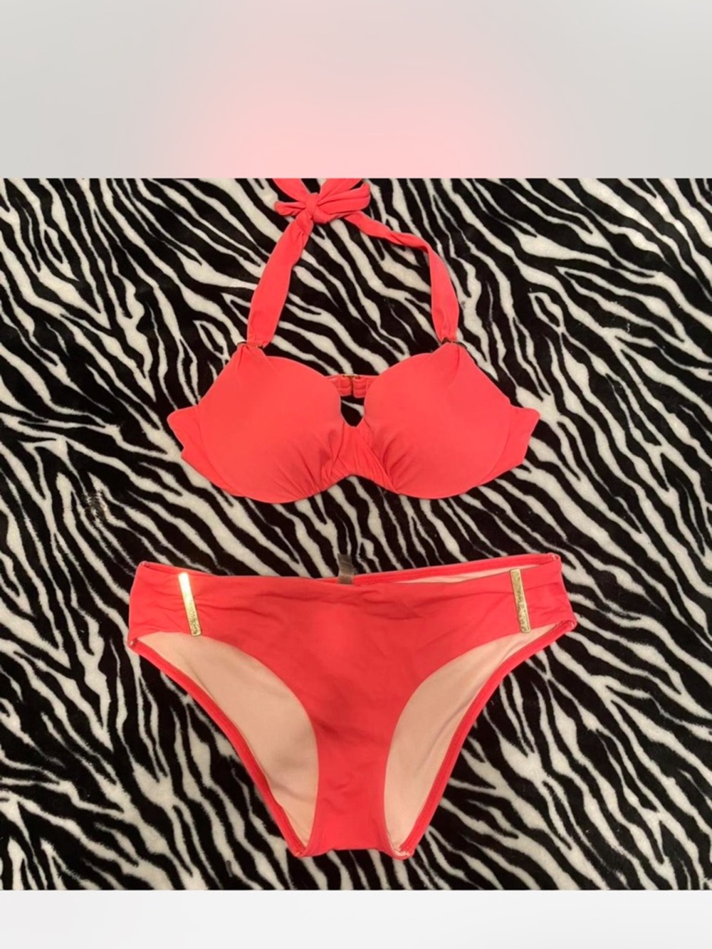 Victoria's Secret Coral Halter Bikini Top with Gold Hardware